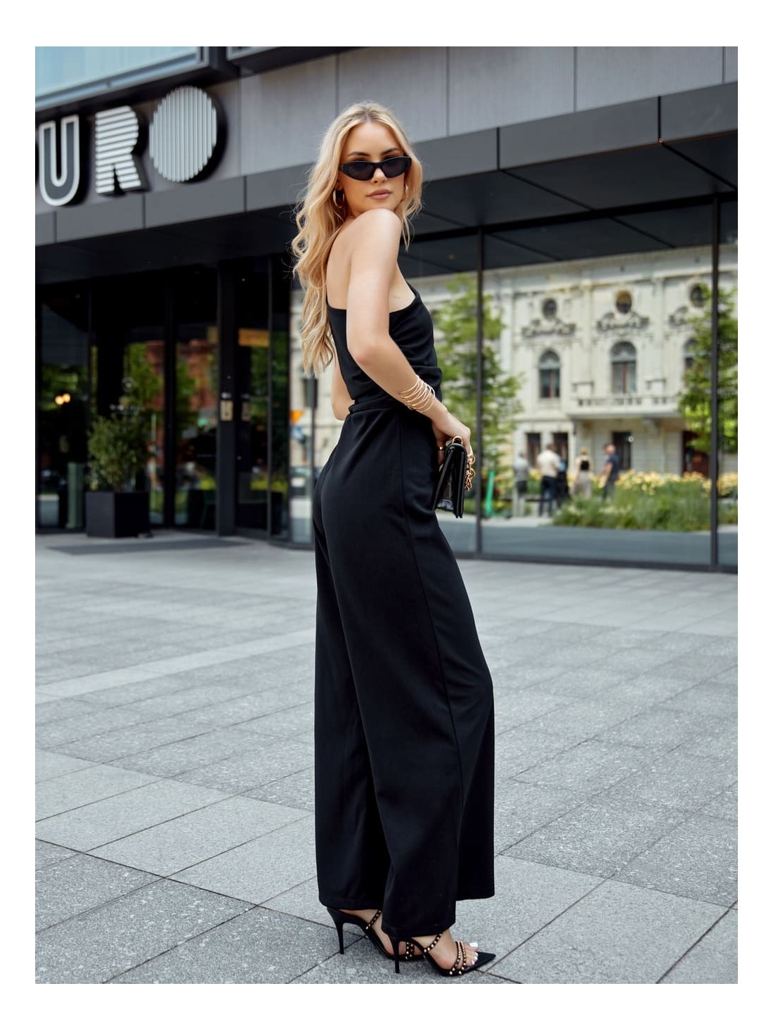 Elegant one-shoulder jumpsuit with wide legs, black 23560 - Online store - Boutique